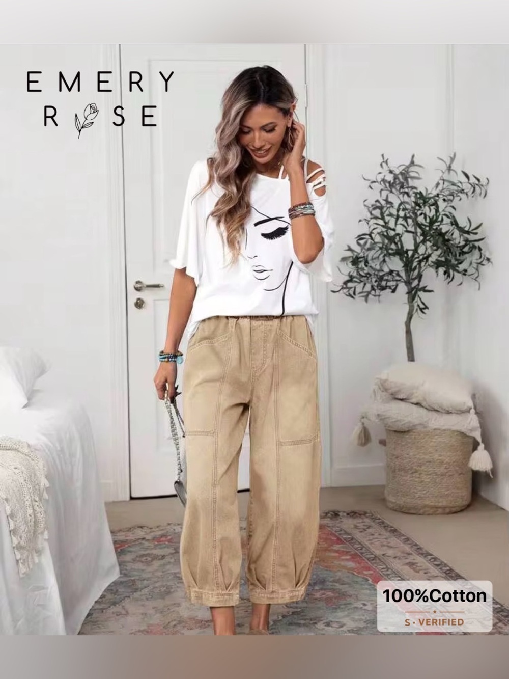SHEIN Emery Rose Khaki Cropped Wide Leg Cotton Utility Pants